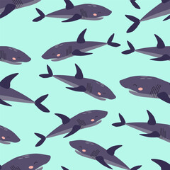Seamless pattern of cartoon purple shark on a blue background. Vector illustration for children's wallpaper, textiles, packaging.