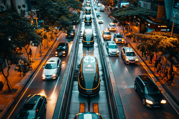 Autonomous hybrid pod car seamlessly merging into traffic on smart city streets, with pedestrian walkways above