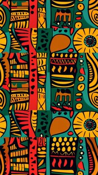 An abstract geometric pattern composed of various shapes and colors