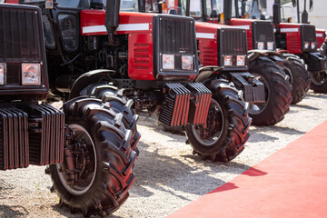 Row of red agricultural tractors for sale.