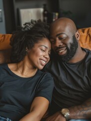 A man and woman are hugging on a couch. The man is wearing a watch