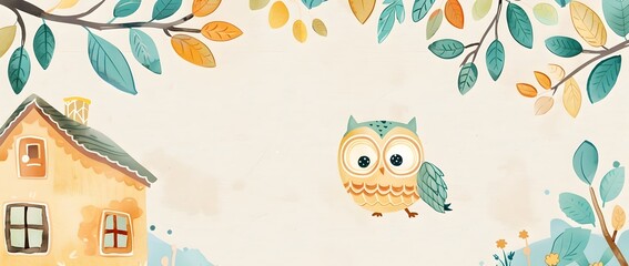 Obraz premium Whimsical Owl in Charming Garden Scene with Rustic Wooden Frame