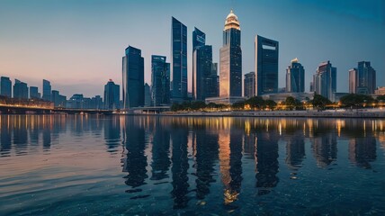 Naklejka premium Aerial view of peaceful cityscape before sunrise. Smart city and abstract dot point connect with gradient line and aesthetic Intricate wave line design , big data connection technology concept .