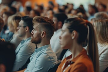 Obraz premium A group of people are sitting in a room, some of them wearing glasses. Scene is one of concentration and focus, as the people are likely attending a lecture or presentation