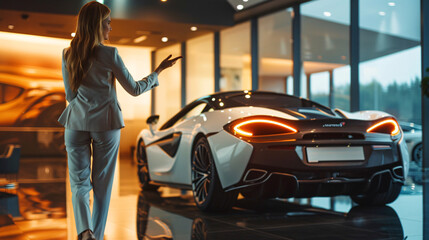 Elegant saleswoman in chic pantsuit gesturing towards sleek luxury sports car in modern showroom with dramatic lighting