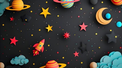 Whimsical Papercraft of Cosmic Celestial Bodies and Constellations against a Black Background