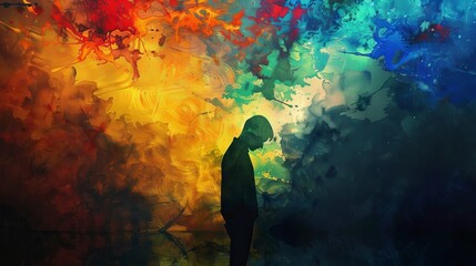 The vibrant abstraction echoes the emotional distress of the solitary figure within.