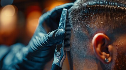 Close-up of a barber using precision clippers to create a detailed haircut