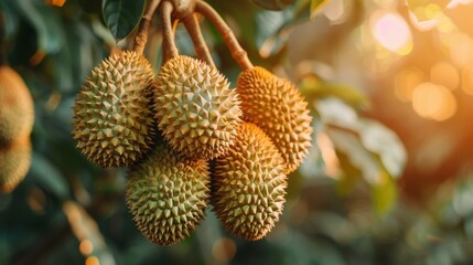 Close-up of a durian tree, with fruits ready to be harvested for export