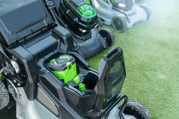 Fototapeta premium Battery-powered electric lawn mowers.