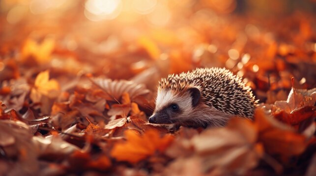 A hedgehog is sitting on a pile of leaves