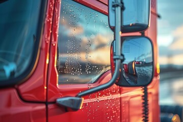 Close-up of red truck side mirror with raindrops. Capturing reflection and details in a vivid sunset background.