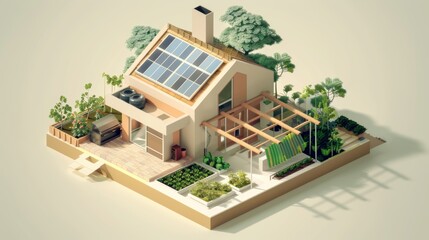 Visualization of a green home with environmental design, including a garden and renewable resources.