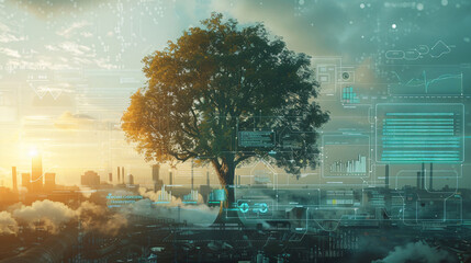 Giant tree symbolizing carbon credits, surrounded by industrial smokestacks and smog, with financial graphs and transactions