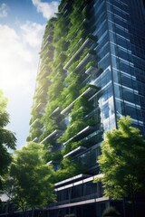 A tall building with a lot of green plants growing on it. The building is surrounded by trees and the sky is blue