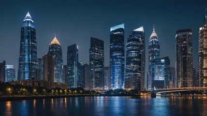 Fototapeta premium Aerial view of peaceful cityscape before sunrise. Smart city and abstract dot point connect with gradient line and aesthetic Intricate wave line design , big data connection technology concept .