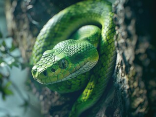 A green snake is curled up on a tree branch. The snake is looking at the camera