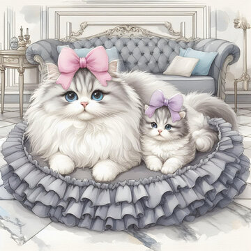 かわいいミヌエットの母猫と子猫の親子がお揃いのリボンをつけてロココリビングルームのペットベッドで寛いでいる水彩画イラスト