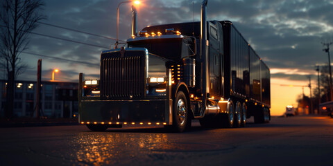 A large black semi truck is driving down a street at night. The truck is surrounded by a bright light that illuminates the road and the truck. Scene is one of excitement and adventure