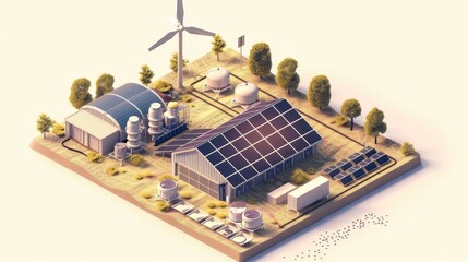 Isometric solar and wind powerplant embodies environmental innovation.