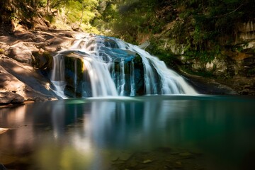 Obraz premium Breathtaking waterfall cascading over rocks, sunlight filtering through canopy, serene pool below