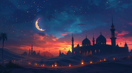 Naklejka premium Stunning sunset with crescent moon illuminating a majestic mosque silhouette, surrounded by glowing lanterns in a serene desert landscape.