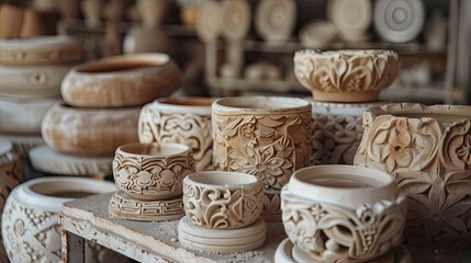 close up shot of Handicrafts for making carved ceramics in the tourist village of Tunis in Fayoum, Egypt
