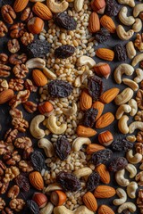 A close up of nuts and dried fruit on a black background. The nuts include walnuts, almonds, cashews, and pistachios. The dried fruit includes raisins, cranberries, and apricots