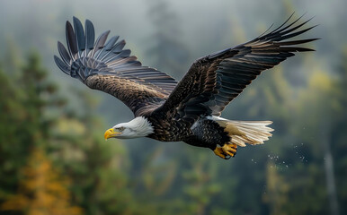 Obraz premium Bald Eagle flying low over forest