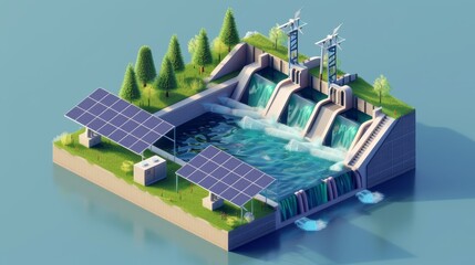 An isometric renewable energy ecosystem anchored by a hydroelectricity dam with solar panels and wind turbines.