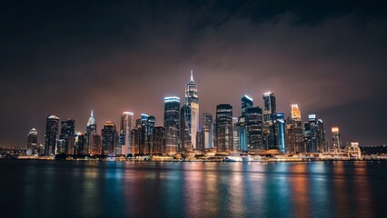 Obraz premium Aerial view of peaceful cityscape before sunrise. Smart city and abstract dot point connect with gradient line and aesthetic Intricate wave line design , big data connection technology concept .