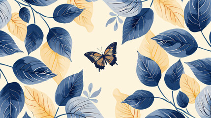 Obraz premium Seamless pattern of linear leaves and sketch flowers for wrapping paper