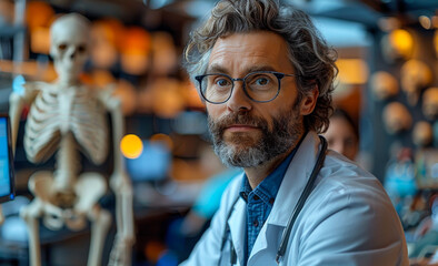 Fototapeta premium Portrait of mature male doctor with skeleton model in the background.