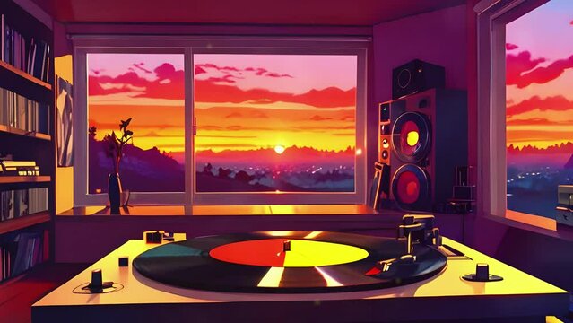 A room vinyl records and a turntable. sunset, stream starting soon screen, overlay loop, animated virtual backgrounds, vtuber asset twitch zoom OBS, manga anime chill hip hop 4k music Animation video
