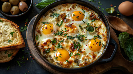 Gourmet Baked Eggs with Cheese and Spinach in Casserole Dish