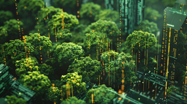 Carbon credit tokens or digital currency being exchanged, represented by trees or leaves, mega tech city and nature reserve