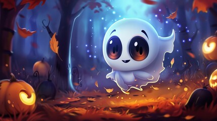 A cute cartoon ghost floats in an enchanted autumn forest