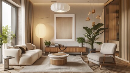 Fototapeta premium Homely and elegant living room with plush seating and a serene, minimalist vibe.