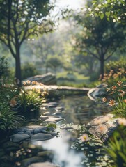 Naklejka premium A peaceful, serene scene of a river surrounded by trees and flowers. The water is calm and the sun is shining through the trees, creating a warm and inviting atmosphere