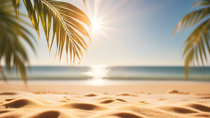 Obraz premium Abstract blur defocused background, nature of tropical summer beach with rays of sun light. Golden sand beach, sea water and palm leaves against sky. Copy space, summer vacation concept Generative AI