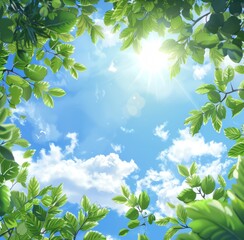 Obraz premium Lush tree foliage highlighted by natural sunlight, contrasting with the soft white clouds overhead.