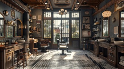 a barber shop interior with stylish decor and grooming products