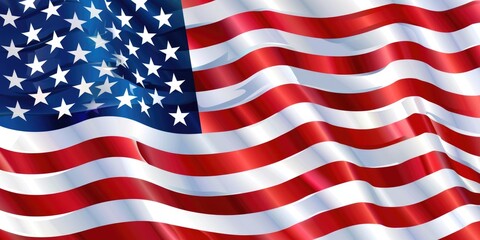 A flag with stars and stripes that is waving in the wind. The flag is red, white, and blue