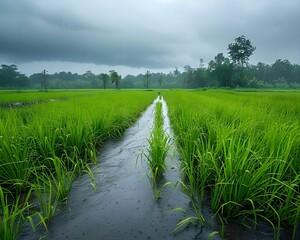 Obraz premium Rainy Rice Field Ai generated