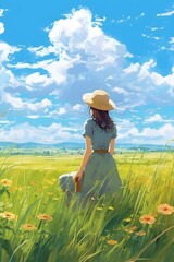 Fototapeta premium Anime Girl with a straw-hat