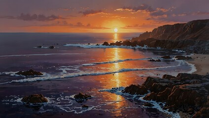 Obraz premium A painting of a rocky coastline at sunset, with the last rays of sunlight painting the sea in hues of orange and purple ai_generated