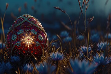 A red egg with gold and silver decorations sits in a field of blue flowers. The egg is surrounded by tall grass and the flowers are scattered throughout the field. The scene is peaceful and serene