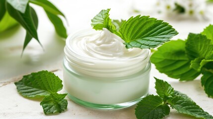 A jar of cream with green leaves on top