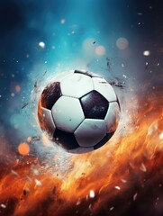 Fototapeta premium A soccer ball is in the air, surrounded by fire and smoke. Concept of chaos and destruction, as the ball is caught in the midst of a fiery explosion. The contrast between the bright white of the ball