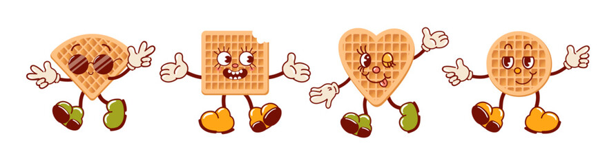 Set of Viennese waffles, cute retro cartoon characters. Delicious soft sweets. Groovy, vintage. Trendy old style. Smiling, winking, cool in sunglasses, joyful, cunning. For menu, cafe, stickers